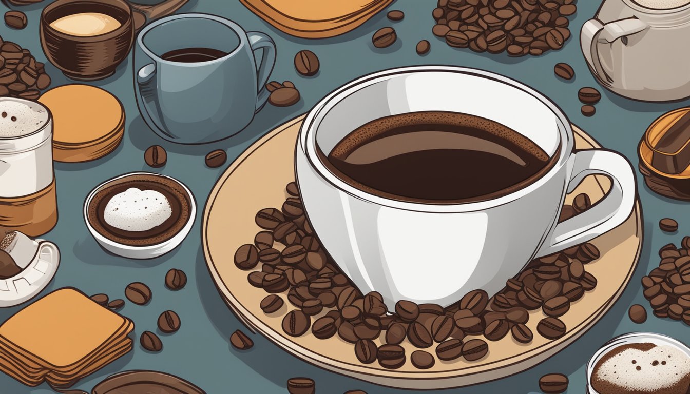 A steaming cup of instant coffee sits next to a mug of decaf, surrounded by scattered coffee beans and a variety of brewing equipment