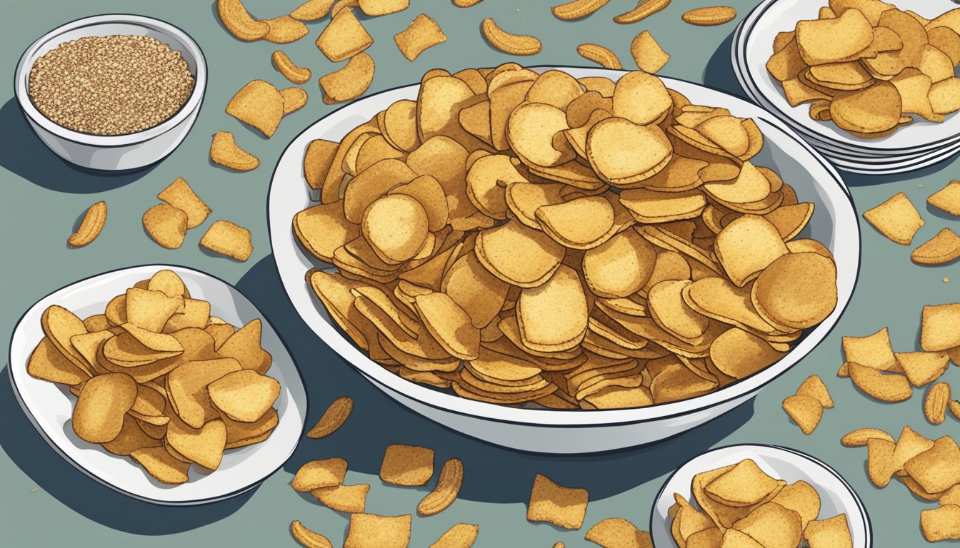 A bowl of chips and pretzels sit on a table, surrounded by empty plates and crumbs. A debate rages on