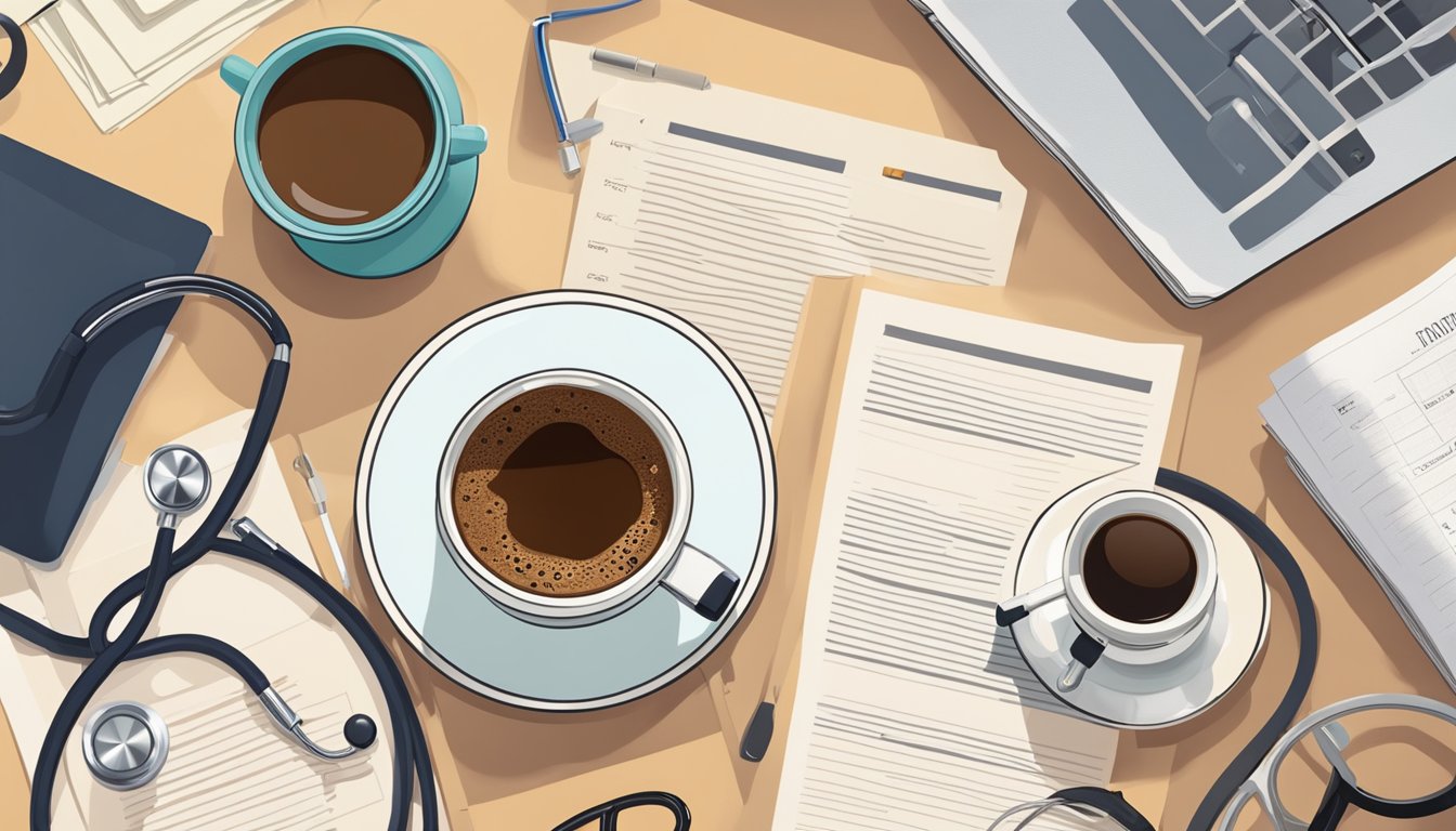 A steaming cup of instant coffee sits next to a freshly brewed decaf coffee, surrounded by medical research papers and a stethoscope