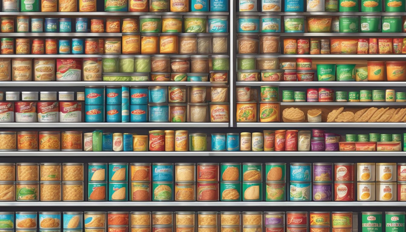 A cluttered pantry shelf with rows of canned soup and instant noodle packages, each with different flavor profiles and varieties