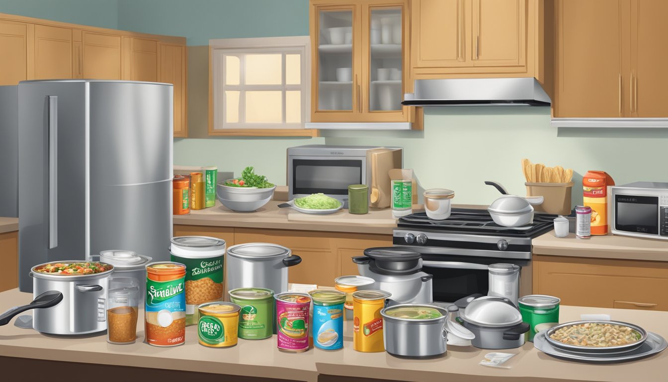 A cluttered kitchen counter with cans of soup and instant noodle packets, a microwave, and a pot of boiling water on a stove