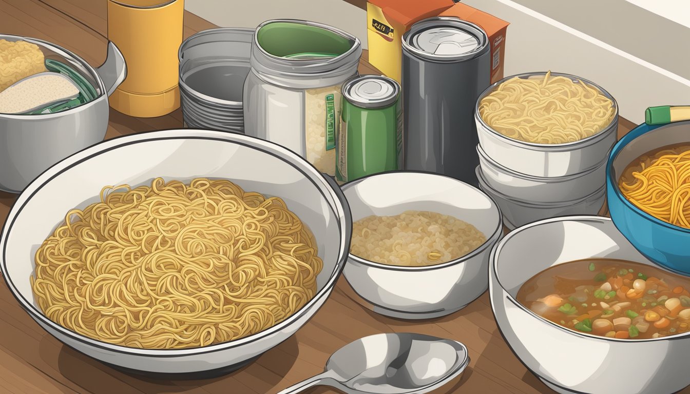 A cluttered kitchen counter with a can of soup next to a packet of instant noodles, surrounded by empty bowls and utensils