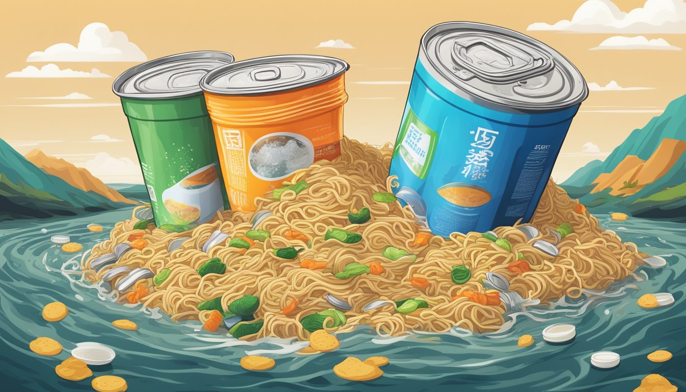 A pile of discarded instant noodle and canned soup packaging, surrounded by polluted water and overflowing landfills