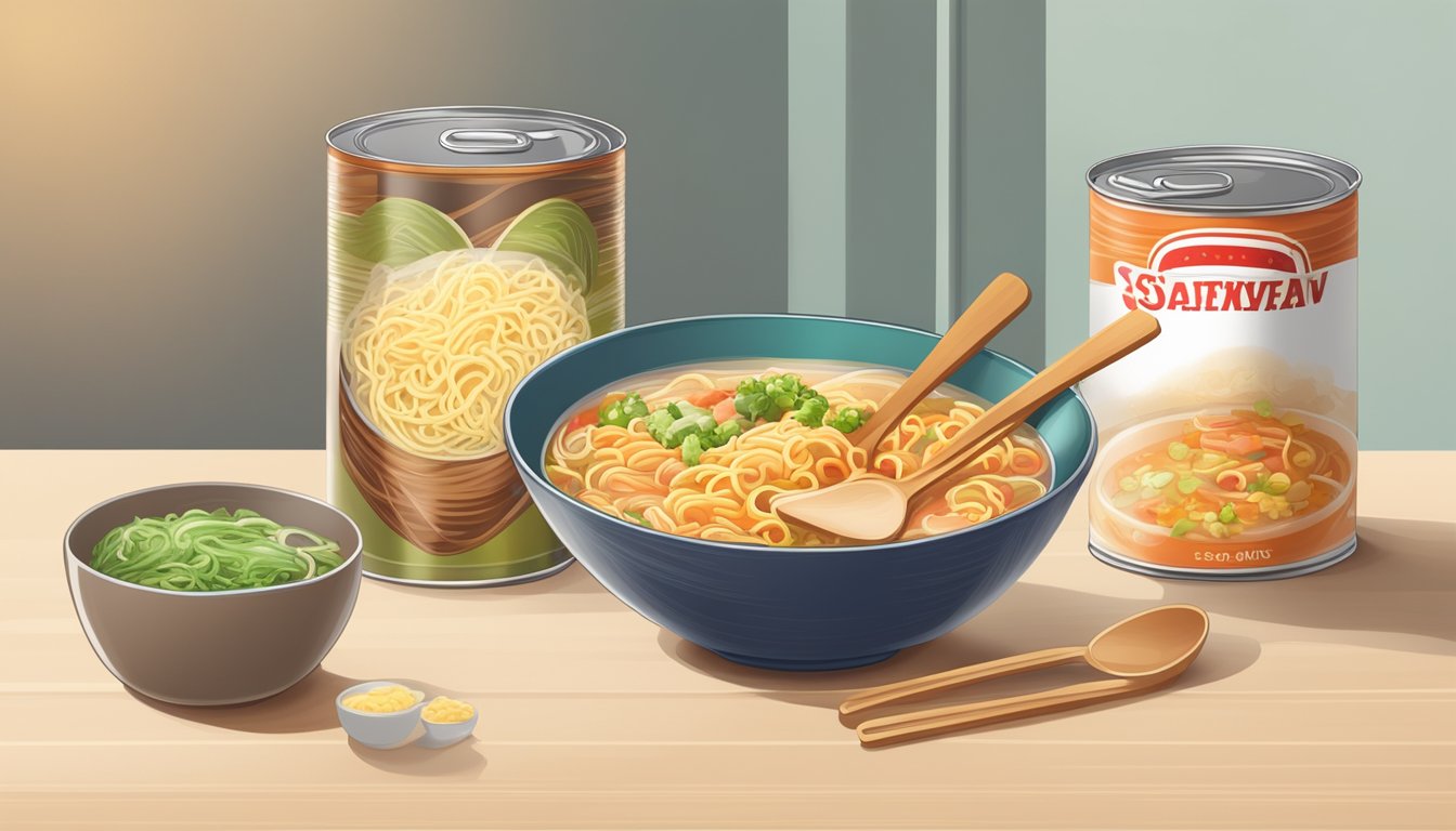 A steaming bowl of canned soup and a bowl of instant noodles sit side by side on a kitchen table, surrounded by empty food packaging and a fork