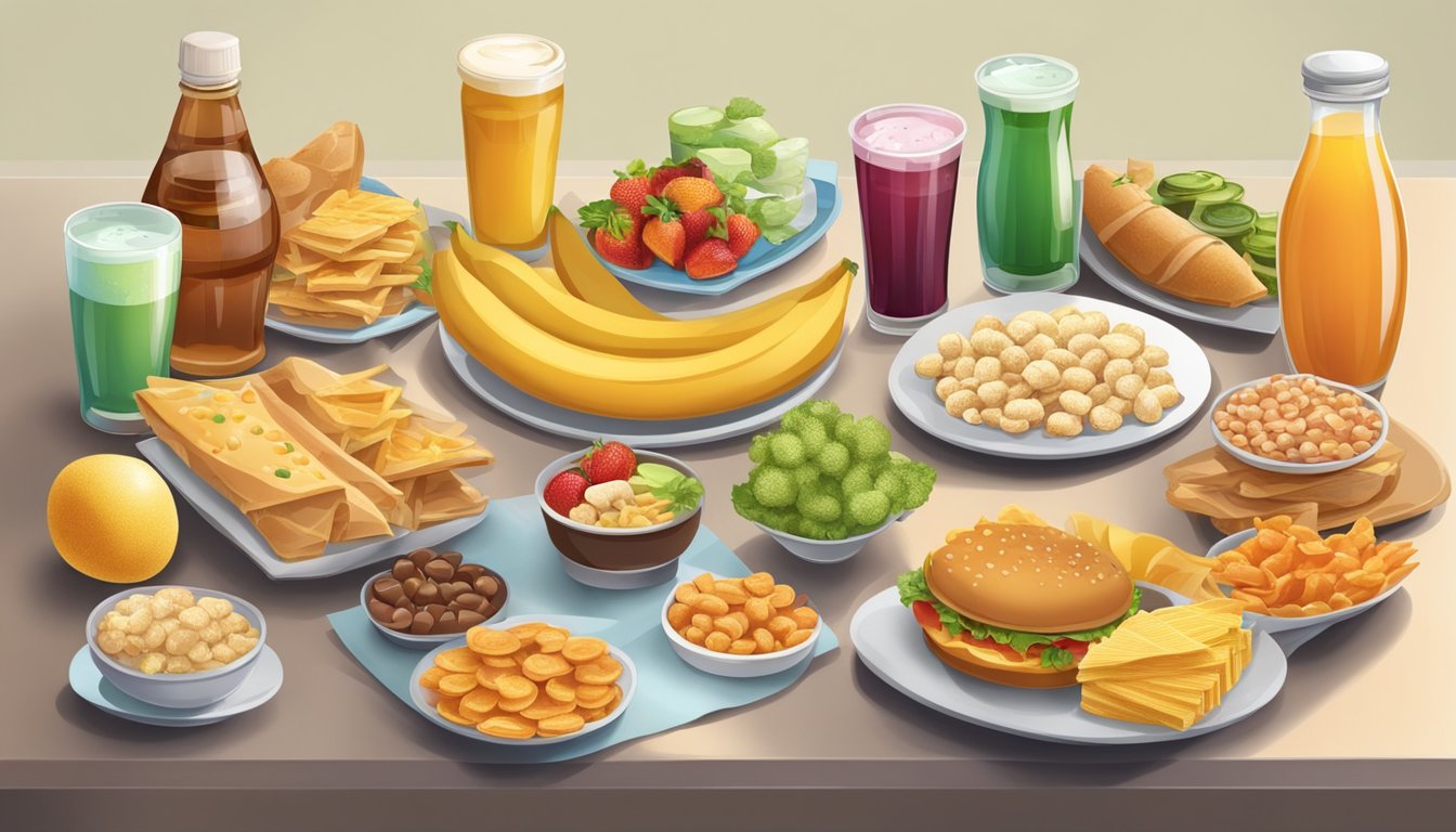 A table with a variety of foods and drinks, including sugary snacks and artificially sweetened beverages