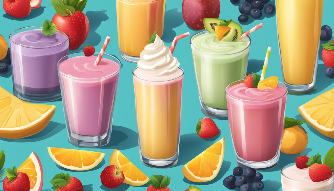 A table with a fruit smoothie and a milkshake side by side, surrounded by various fruits and dairy products