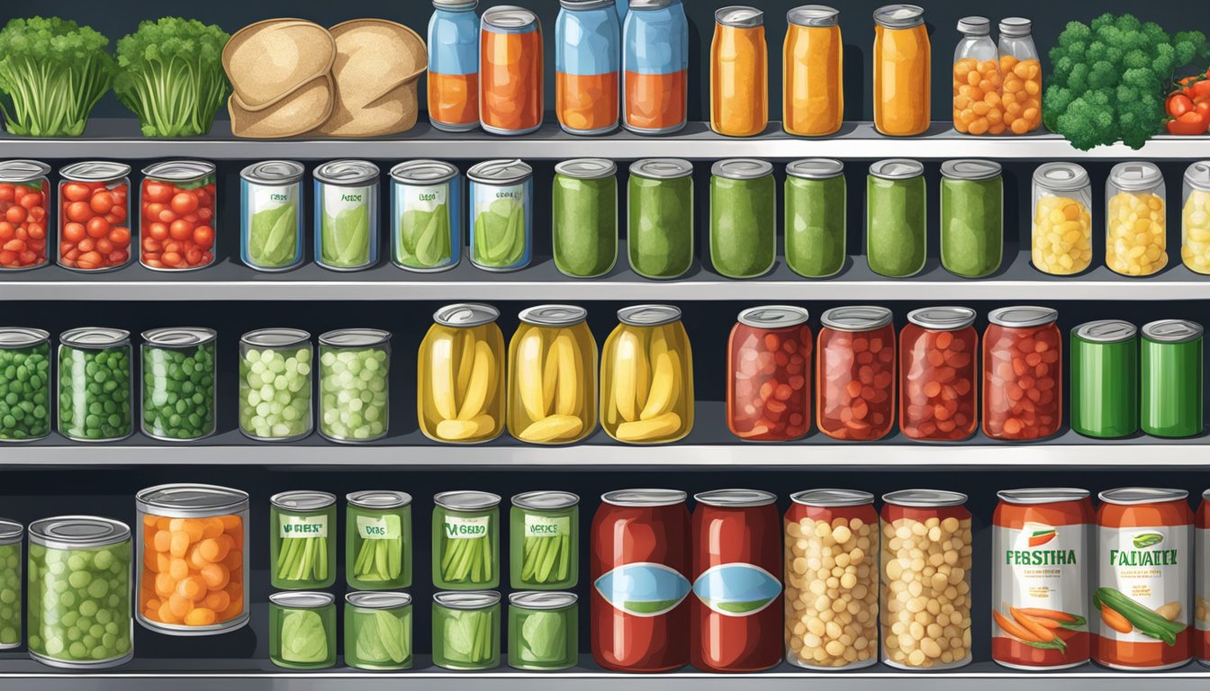 A comparison of canned and frozen vegetables, with cans and bags displayed side by side on a kitchen counter