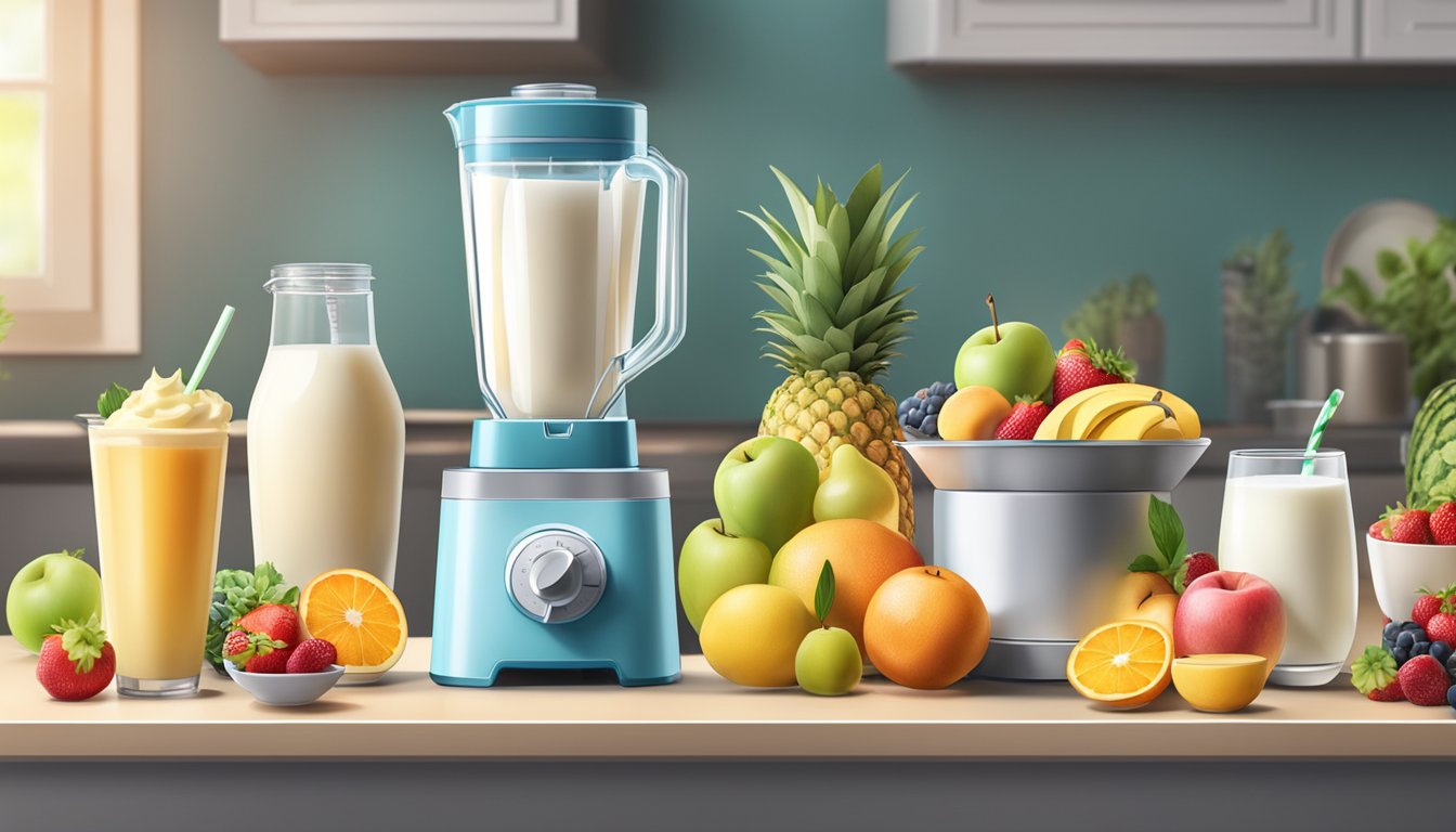 A blender filled with fresh fruits and a carton of milk next to it. A variety of fruits and ice cream on the counter