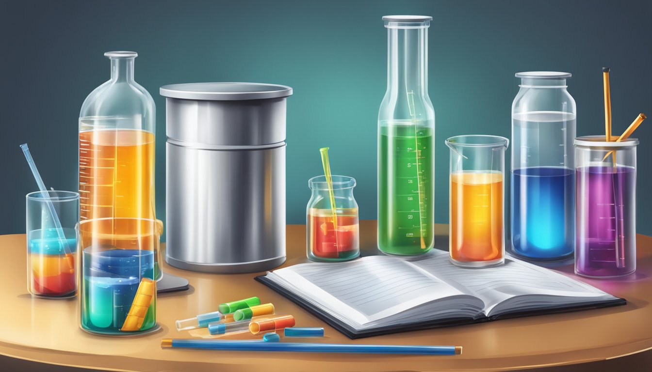 A table with a can of energy drink and a cup of coffee, surrounded by test tubes and beakers filled with various chemical compounds