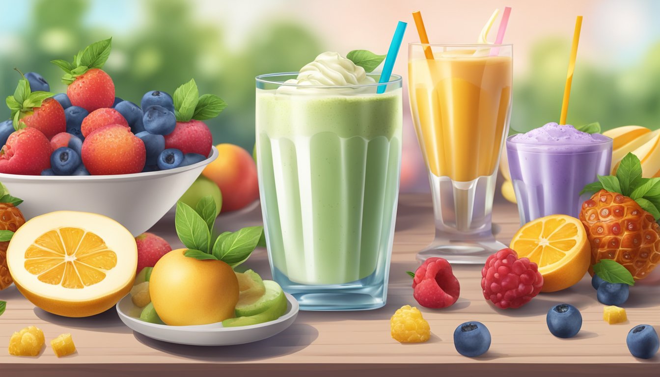 A table with a glass of fruit smoothie and a glass of milkshake, surrounded by fresh fruits and ice cream