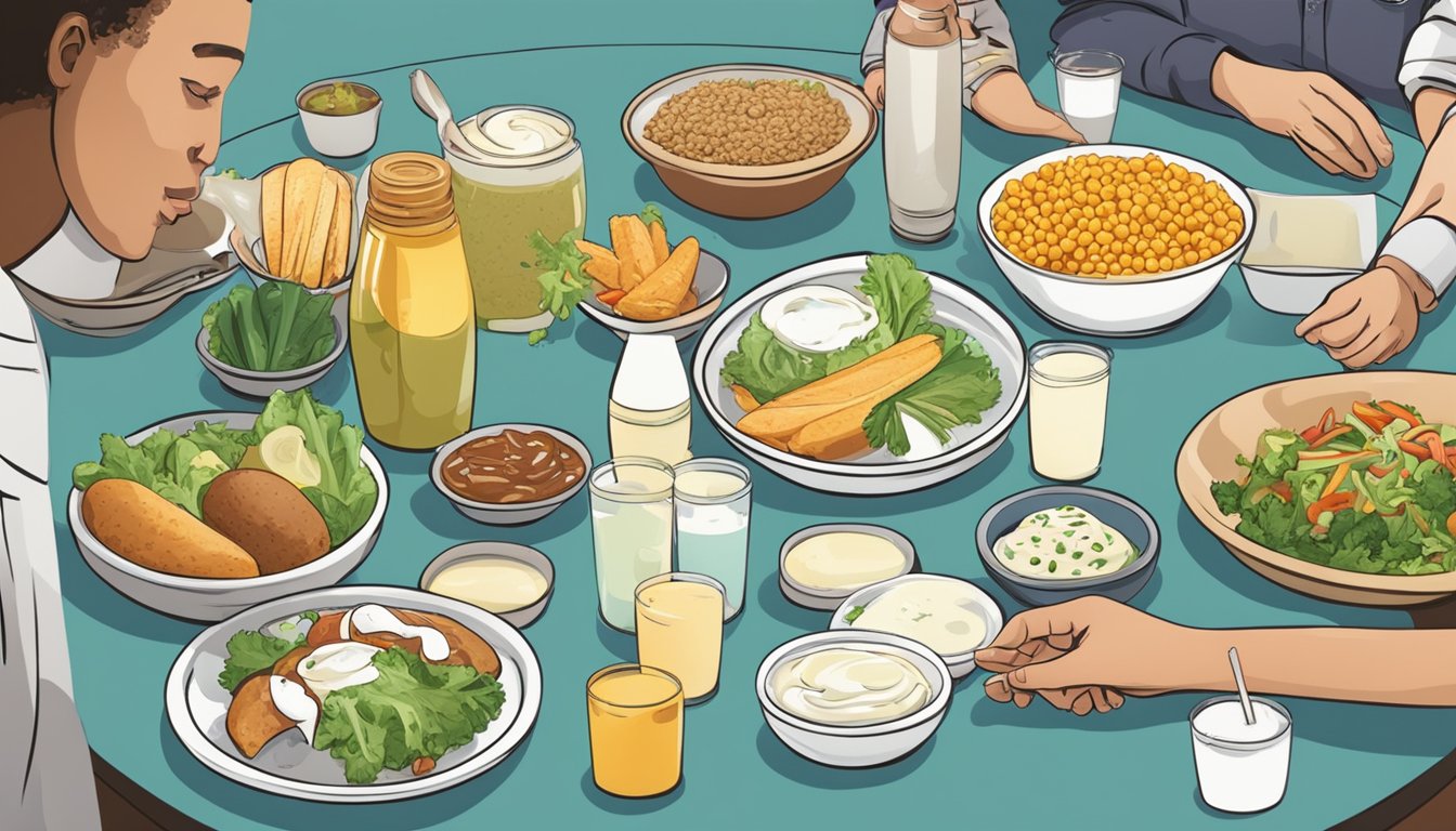 A table set with a variety of food items, including a bowl of mayonnaise and a bowl of ranch dressing, with people debating which is worse