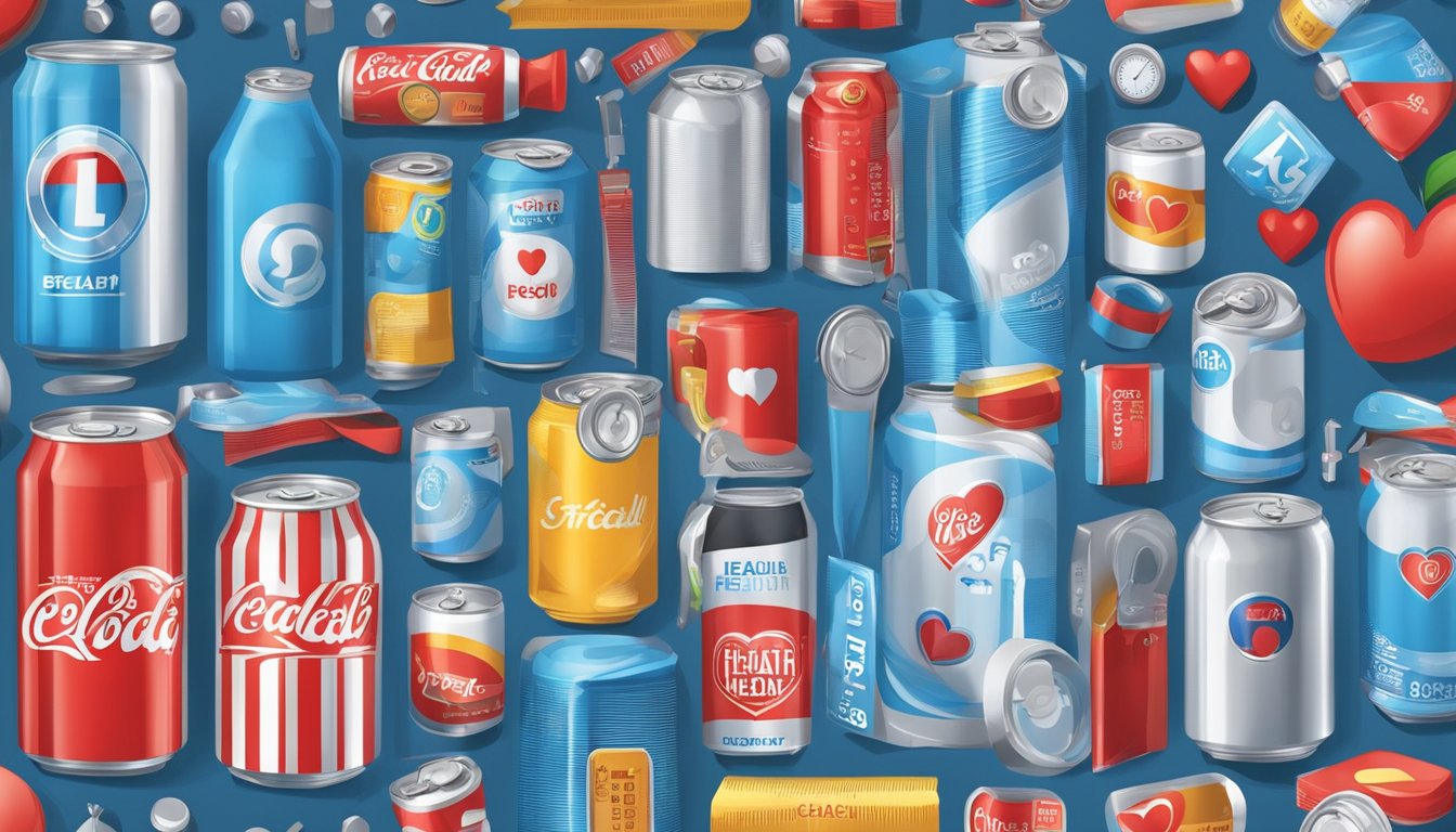 A soda can with a red "regular" label and a blue "diet" label, surrounded by various health-related items such as a scale, measuring tape, and a heart rate monitor