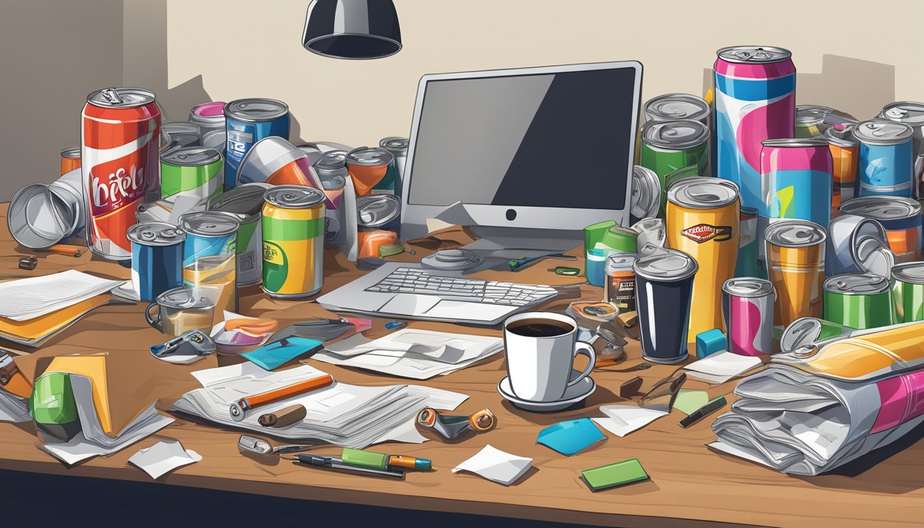 A cluttered desk with spilled energy drinks and coffee mugs, surrounded by empty cans and stained papers