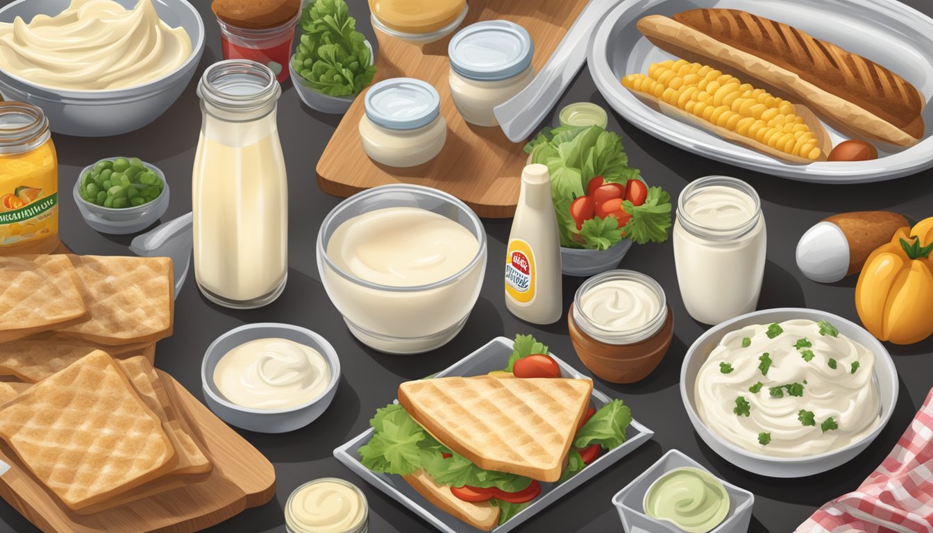 A picnic table with jars of mayonnaise and ranch dressing surrounded by various food items and condiments