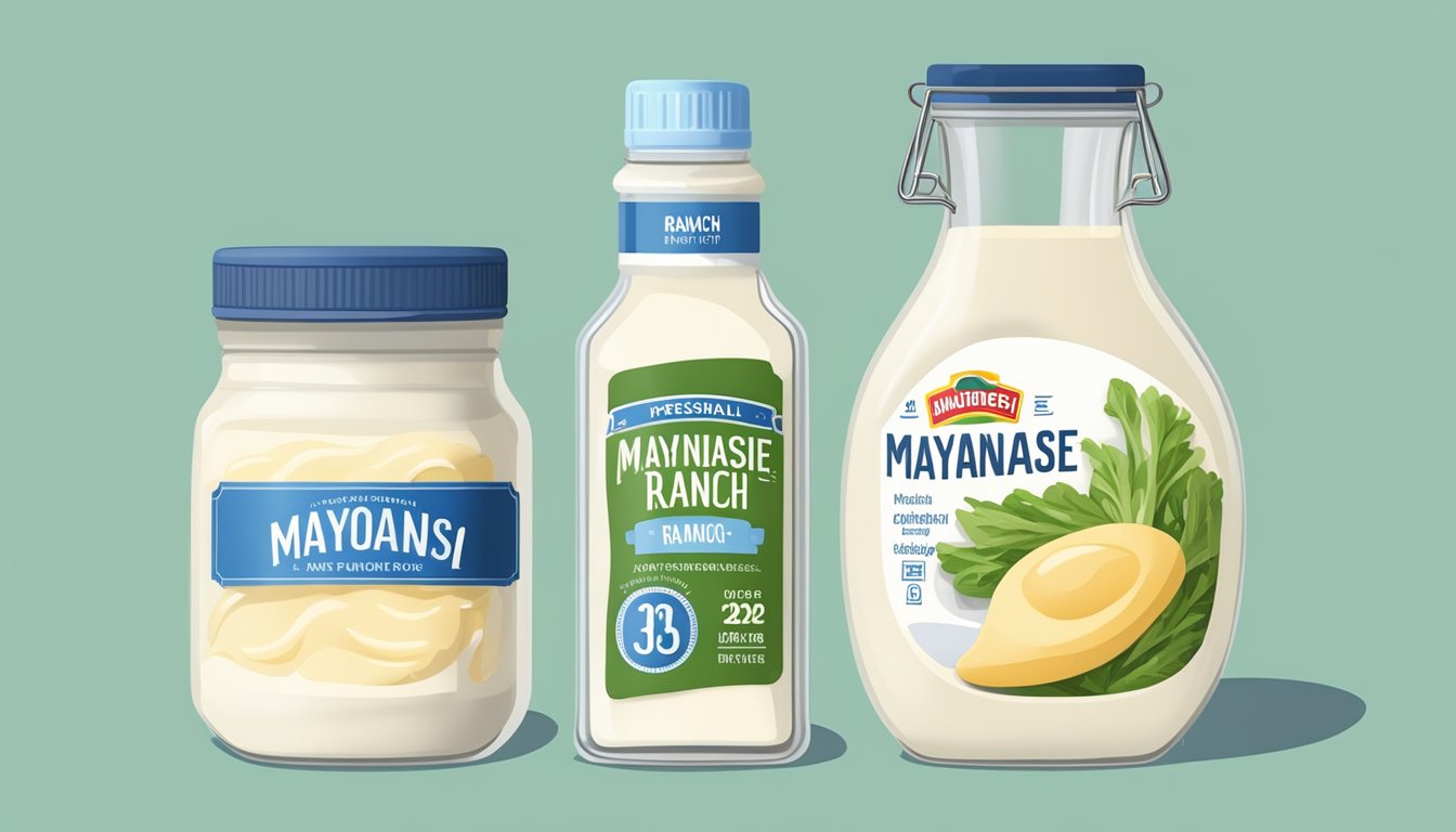 A jar of mayonnaise and a bottle of ranch dressing side by side, with a measuring spoon and nutrition labels next to them