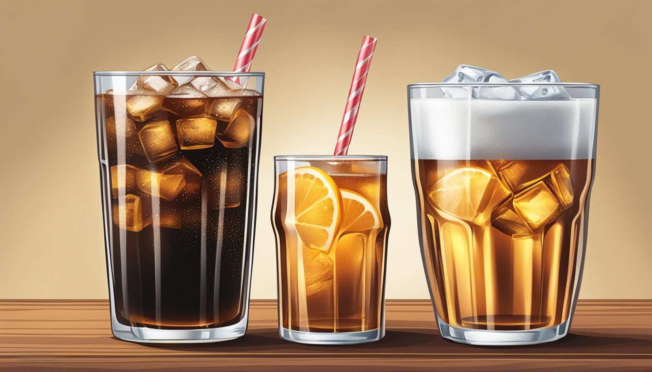 A glass of diet soda and a glass of regular soda side by side on a table