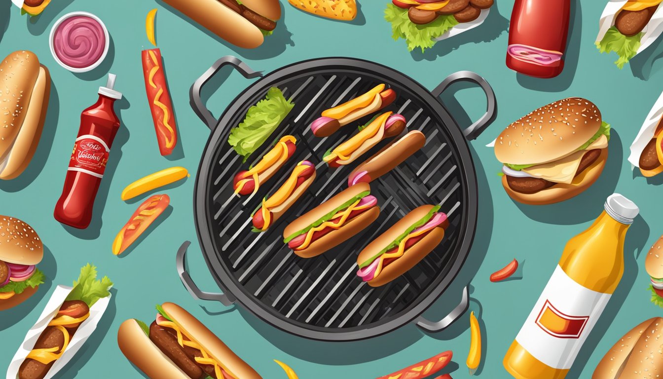 A grill with hot dogs and hamburgers, surrounded by condiments and buns