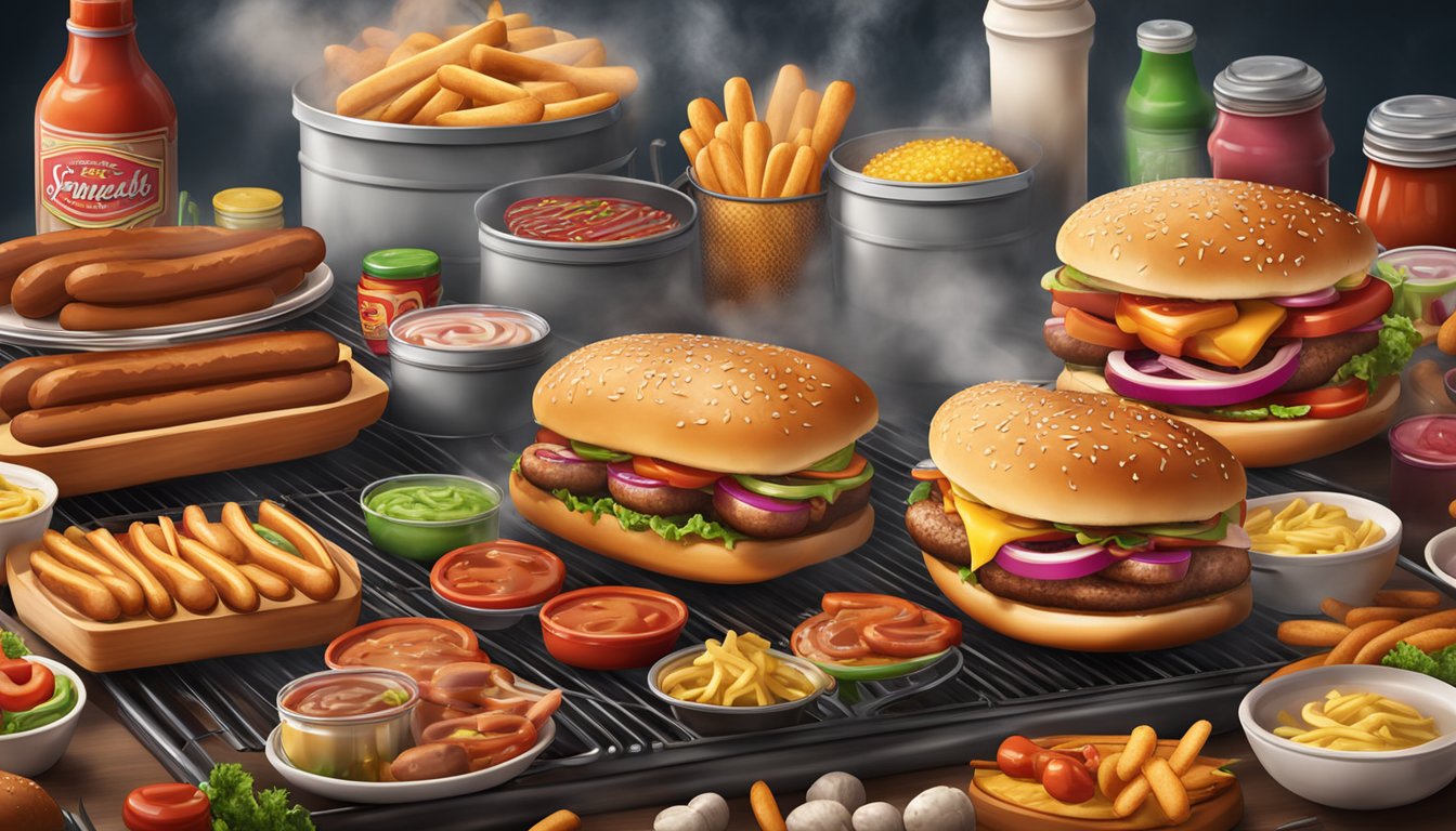 A grill with sizzling hot dogs and hamburgers, surrounded by condiments and buns, with smoke rising into the air