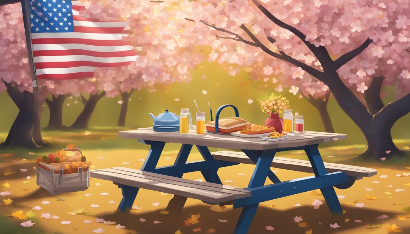 A picnic table adorned with American flags and barbecue utensils, surrounded by blooming cherry blossom trees and autumn leaves