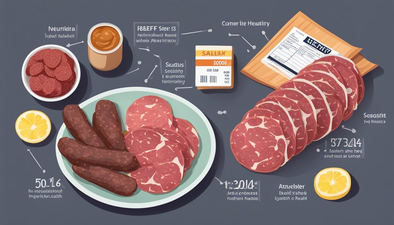 A table with a plate of beef jerky and salami, surrounded by nutrition labels and health articles