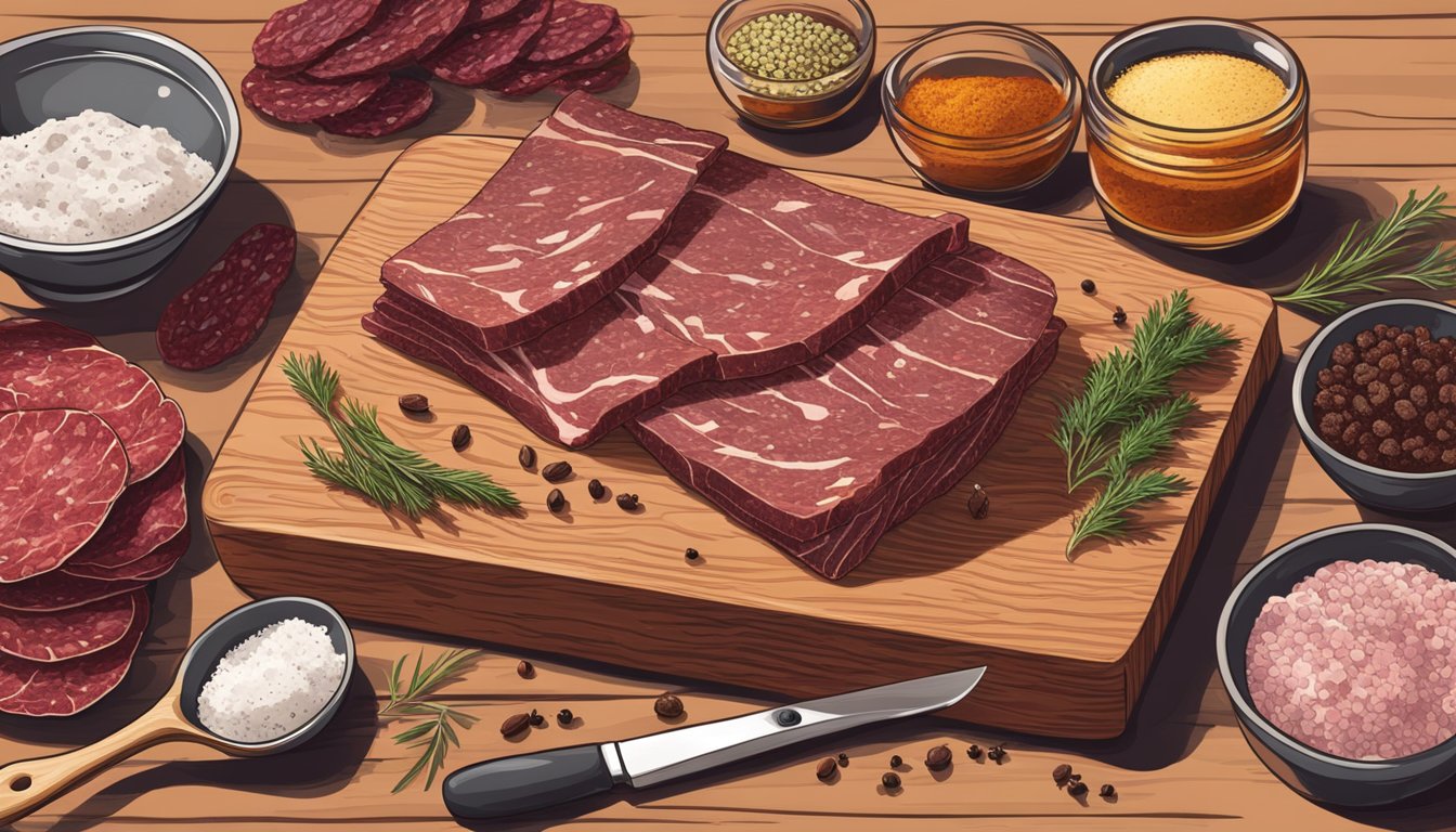 A butcher slicing beef jerky and salami on a wooden cutting board with various spices and herbs scattered around