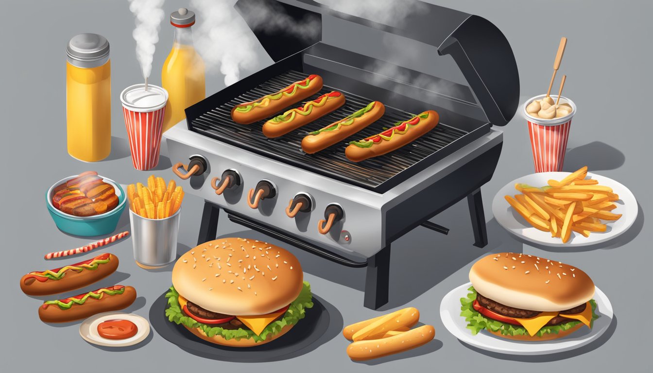 A sizzling grill with hot dogs and hamburgers cooking, surrounded by condiments and buns. Smoke rises from the grill as the food cooks