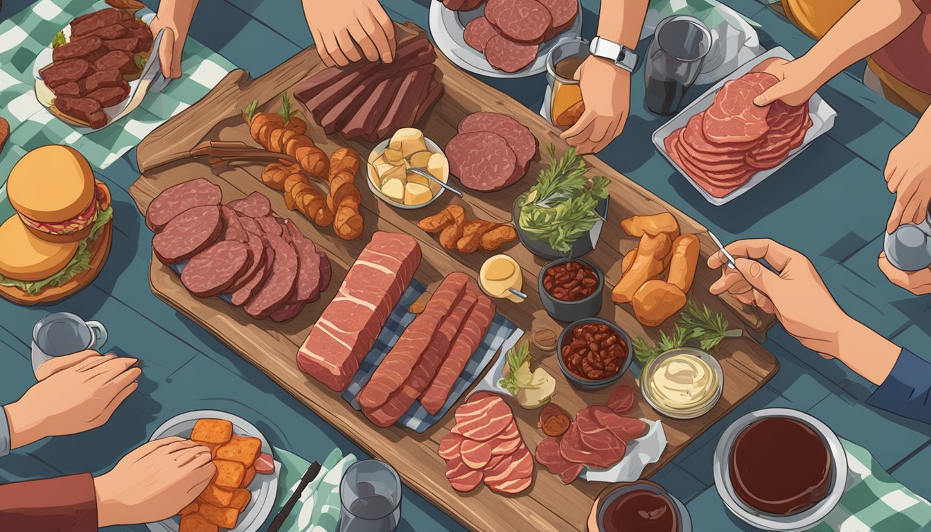 A picnic table with a variety of meats, including beef jerky and salami, surrounded by people engaged in a lively debate