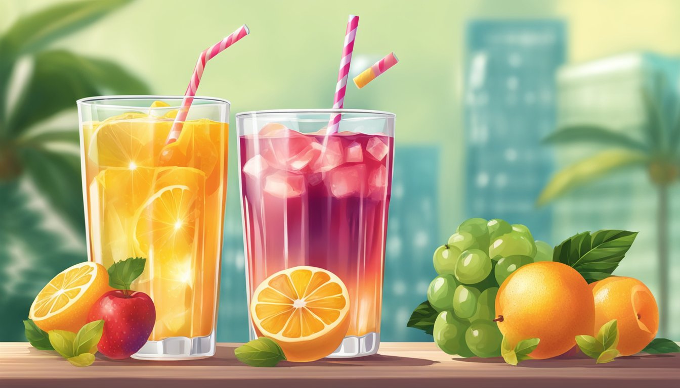 A glass of fruit juice and a can of soda sit side by side on a table, surrounded by fresh fruit and ice