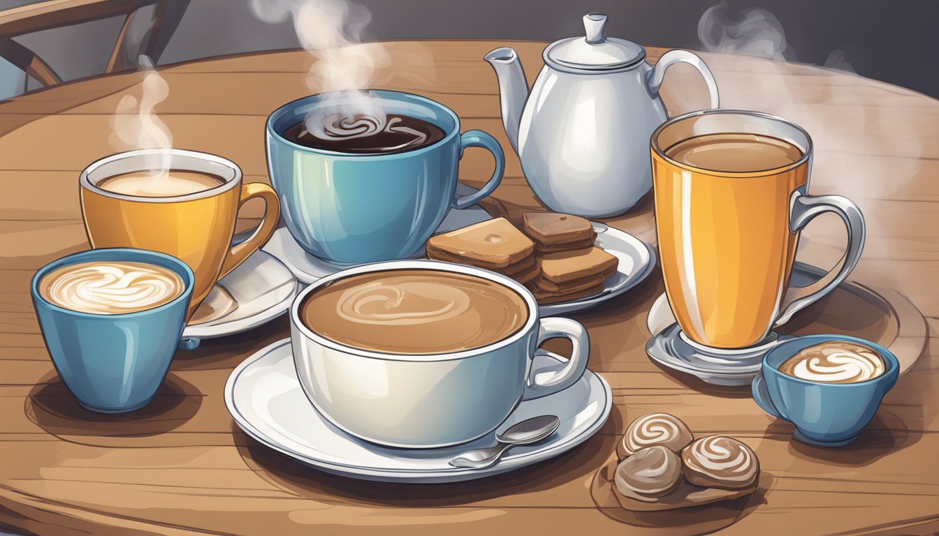 A steaming cup of coffee sits on a table, with a selection of flavored creamers and a sugar bowl nearby