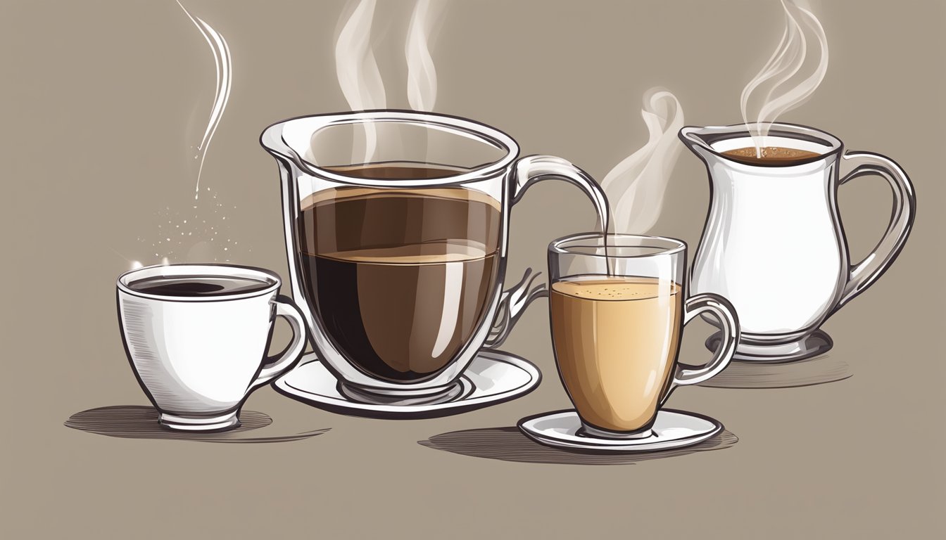 A steaming cup of coffee with two creamer options: a variety of flavored creamers and a bowl of sugar