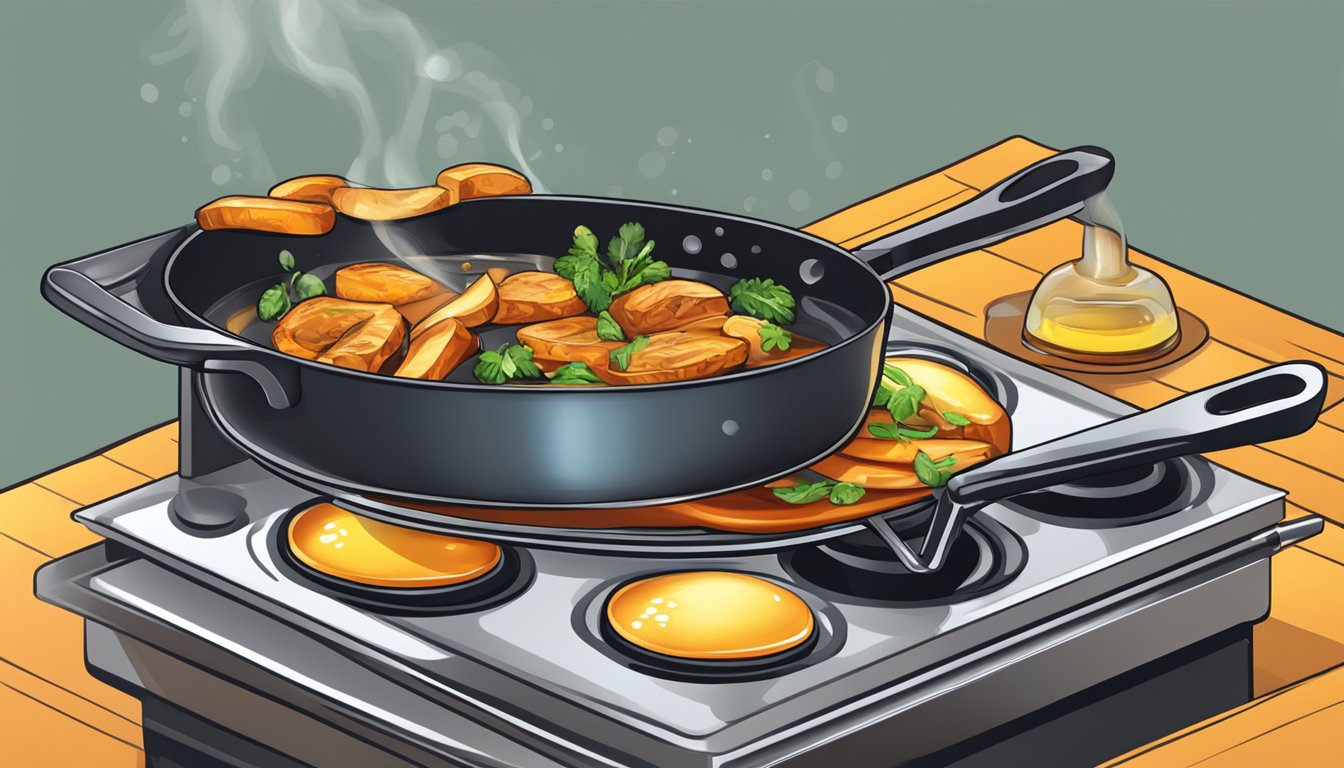 A sizzling pan on a stovetop with oil and food frying