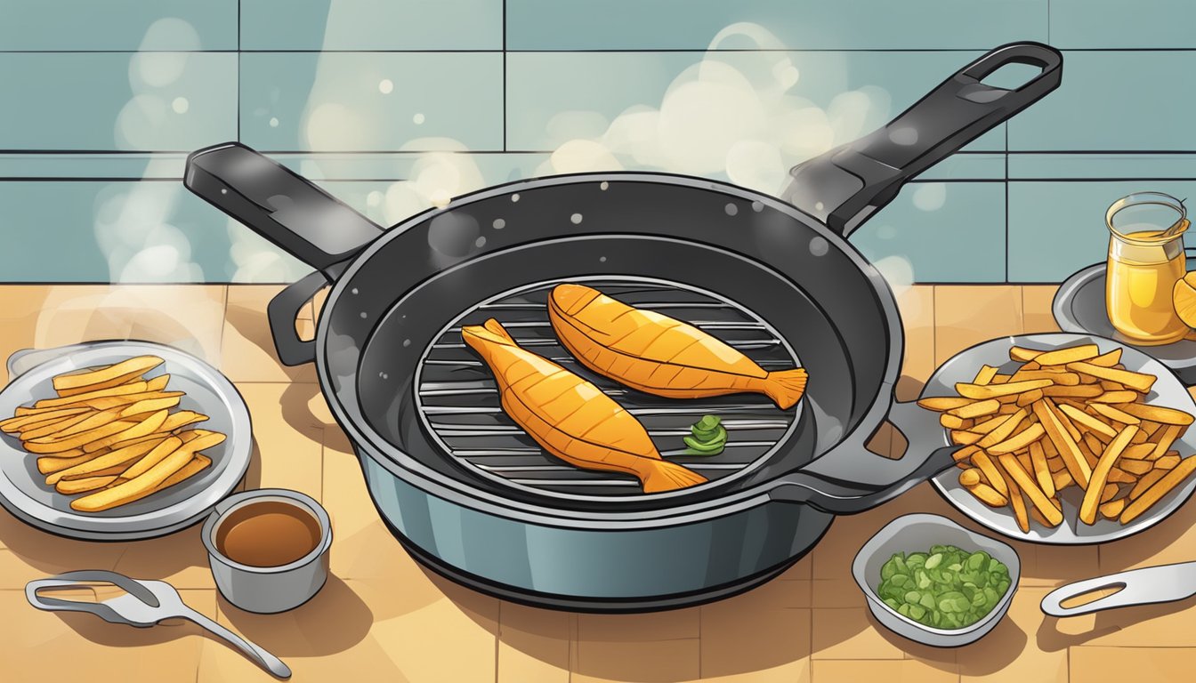 A sizzling pan and bubbling deep fryer sit side by side, emitting contrasting aromas. The pan holds a piece of fish, while the fryer contains a batch of fries