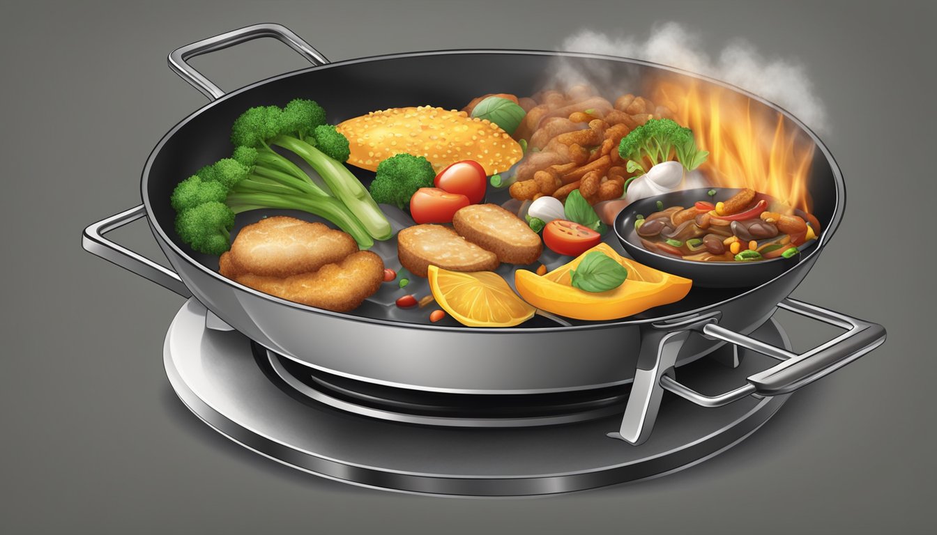 A sizzling pan with a variety of foods being fried, emitting steam and a rich aroma