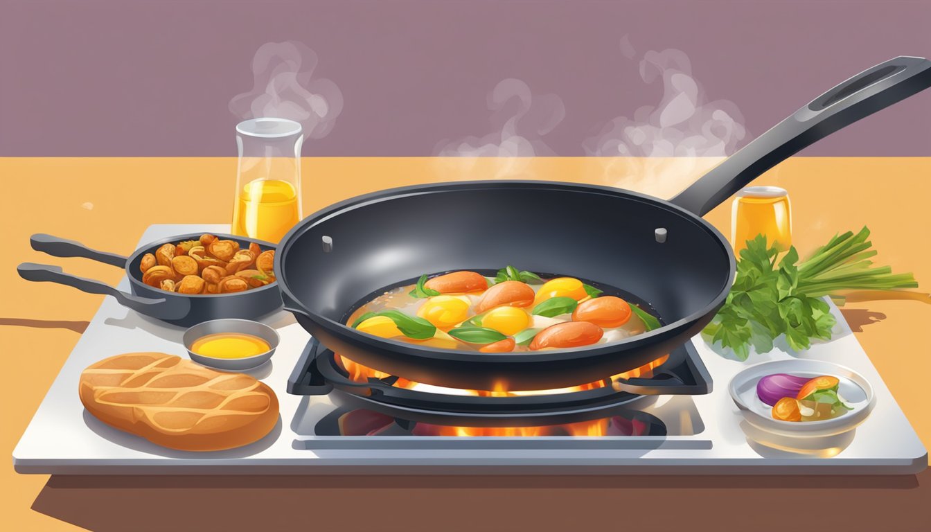 A sizzling pan and bubbling oil, with various food items frying, emitting a tempting aroma