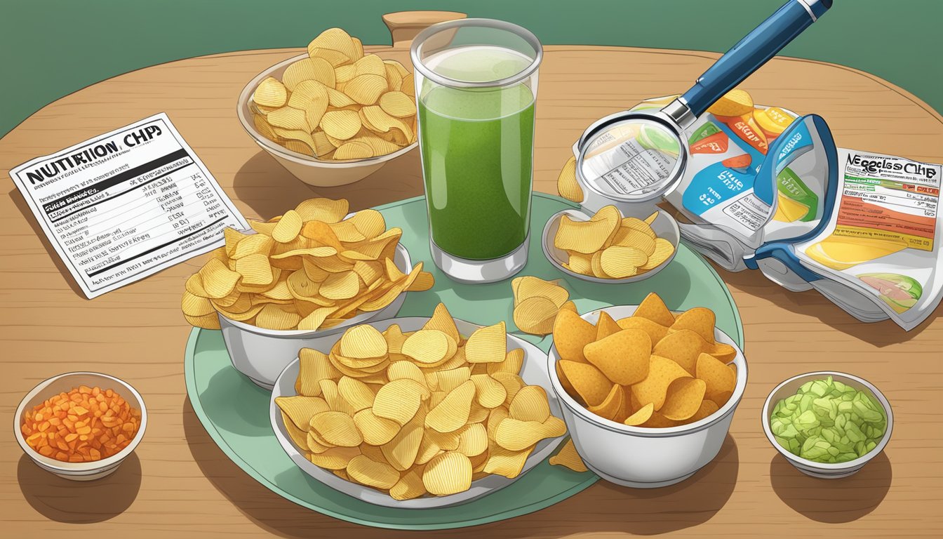 A table with two bowls of chips, one labeled "veggie chips" and the other "regular potato chips," surrounded by nutrition labels and a magnifying glass