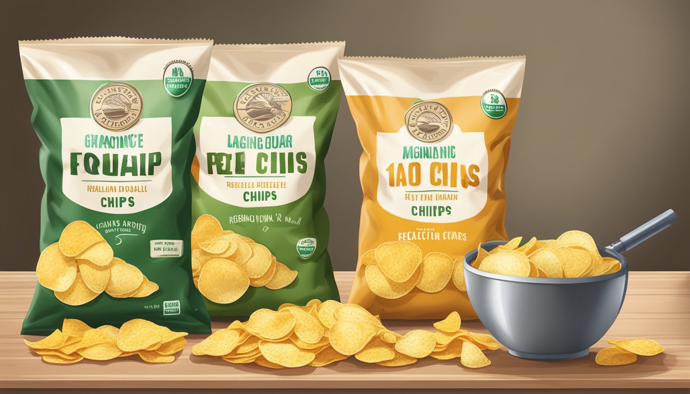 A bag of veggie chips and a bag of regular potato chips sit side by side on a table, with a magnifying glass hovering over them, as if inspecting their contents