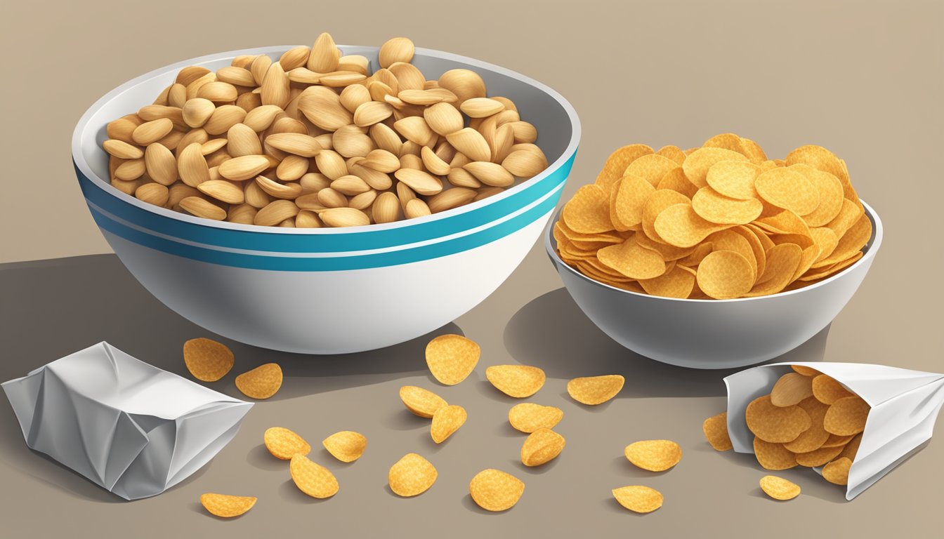 A bowl of salted nuts and a pile of flavored chips sit on a table, surrounded by empty snack wrappers