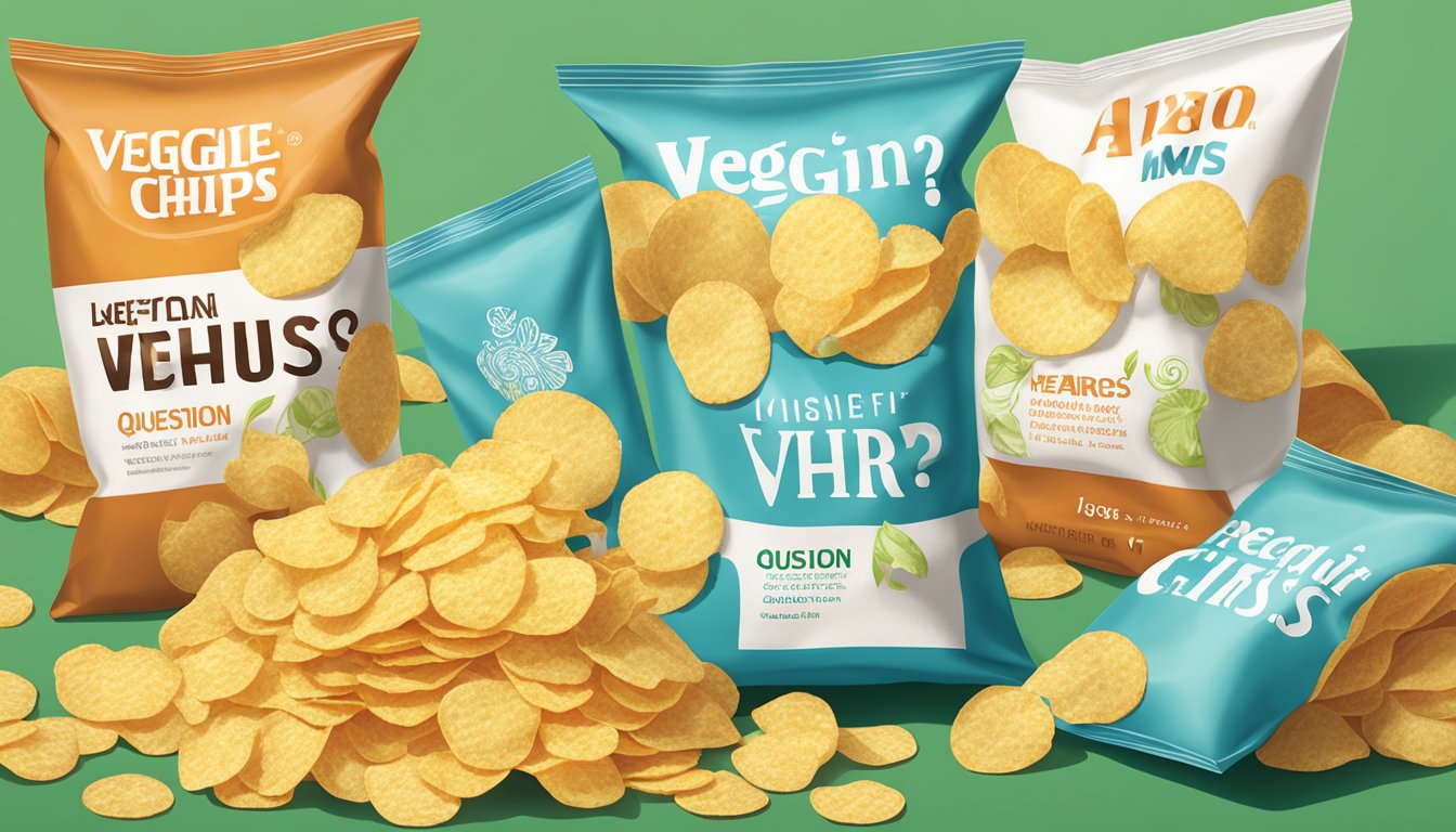 A bag of veggie chips and a bag of regular potato chips sit side by side on a table, with a question mark hovering above them