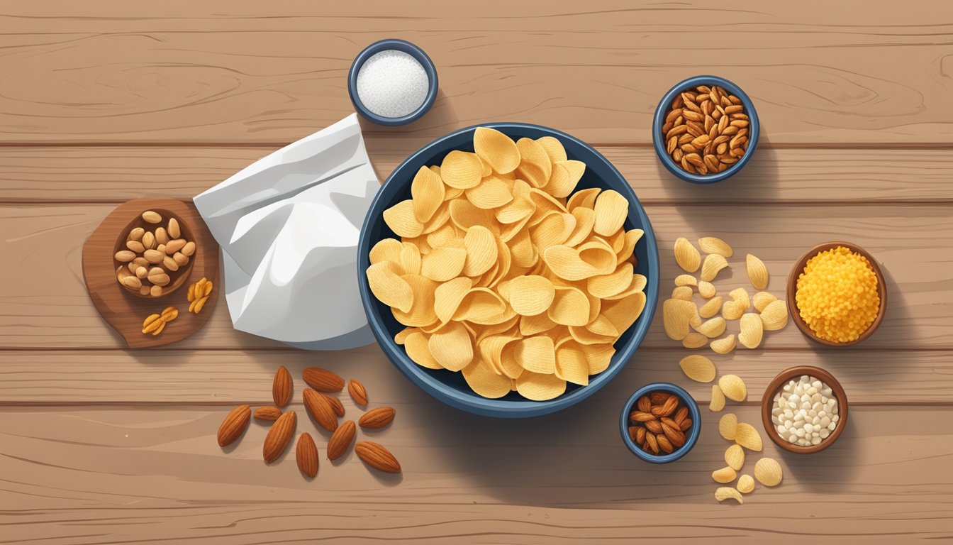 A bowl of salted nuts and a bag of flavored chips sit side by side on a wooden table, surrounded by scattered ingredients like salt and spices