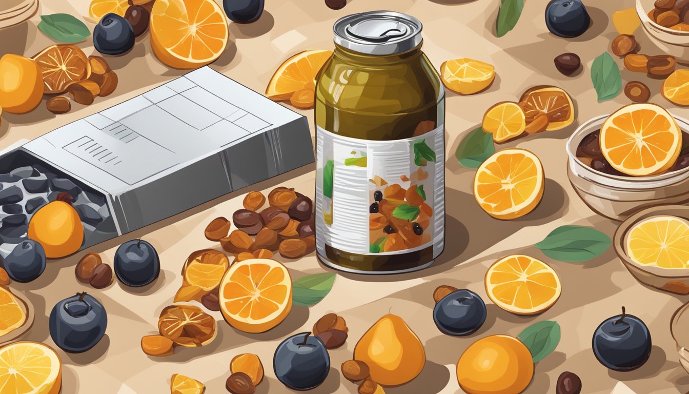 A table with a can of fruit in syrup and a pile of dried fruit, with a question mark hovering over them