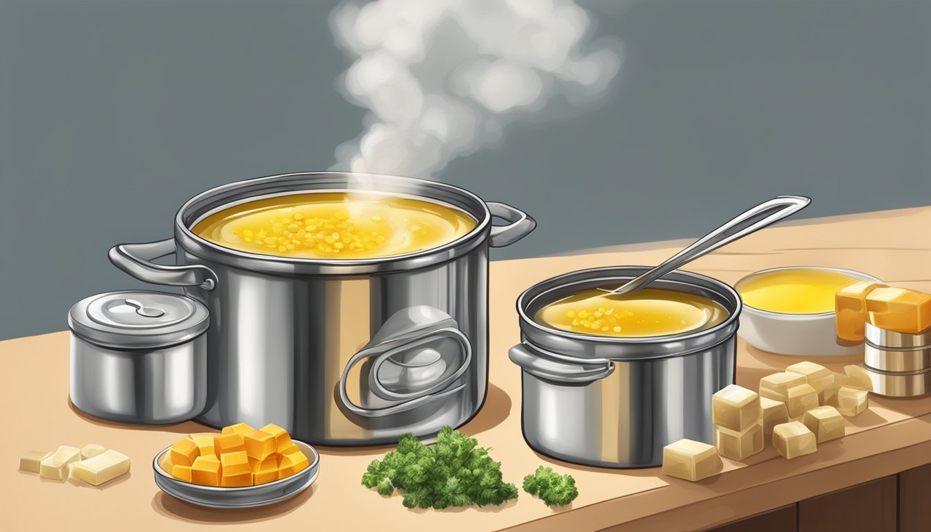 A steaming pot of bouillon cubes and canned broth on a kitchen counter