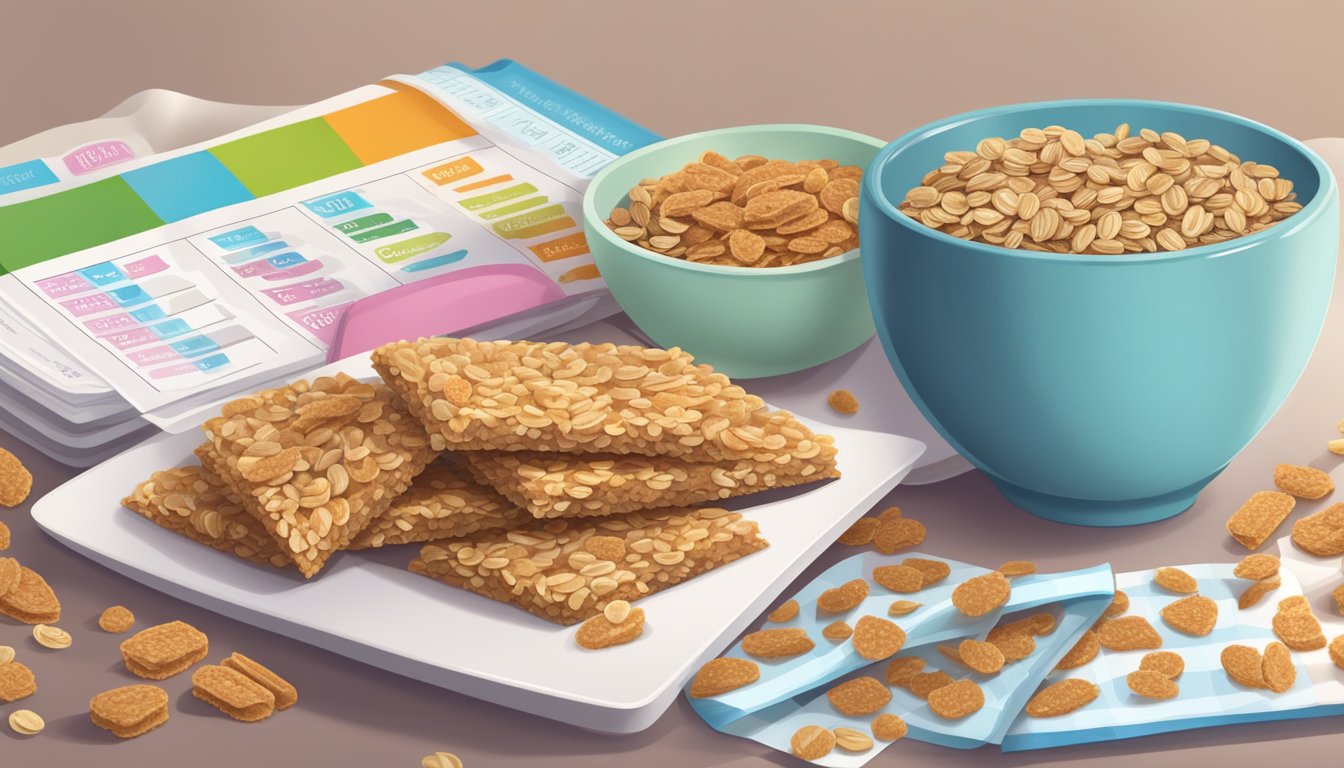 A table with a bowl of sweetened cereal next to a pile of granola bars, surrounded by nutritional labels and a measuring cup of sugar