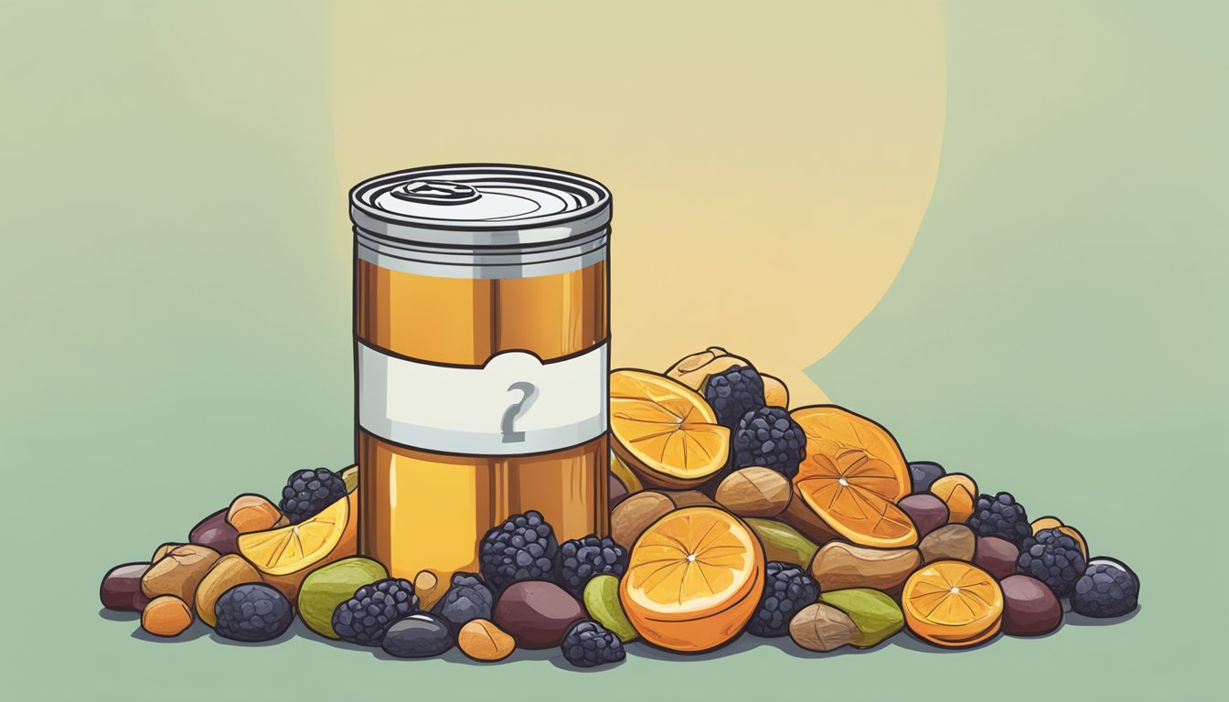 A pile of canned fruit in syrup next to a heap of dried fruit, with a question mark hovering above them