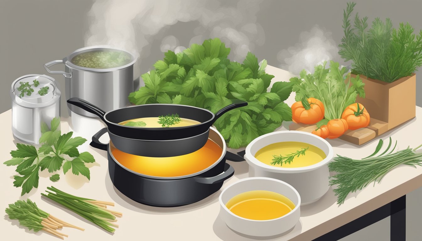 A simmering pot with a bouillon cube and a can of broth, surrounded by various fresh herbs and vegetables