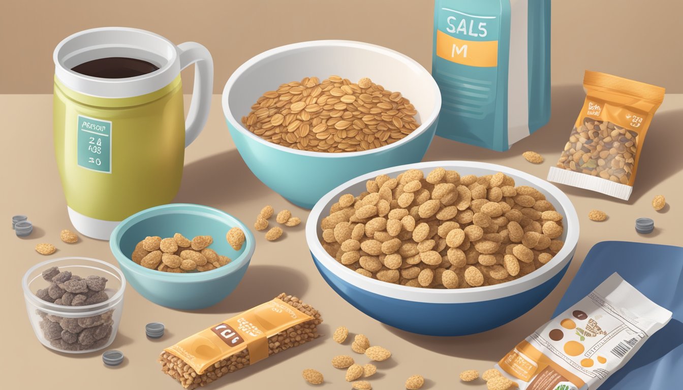 A table with a bowl of sugary cereal next to a pile of granola bars, surrounded by measuring cups and nutrition labels