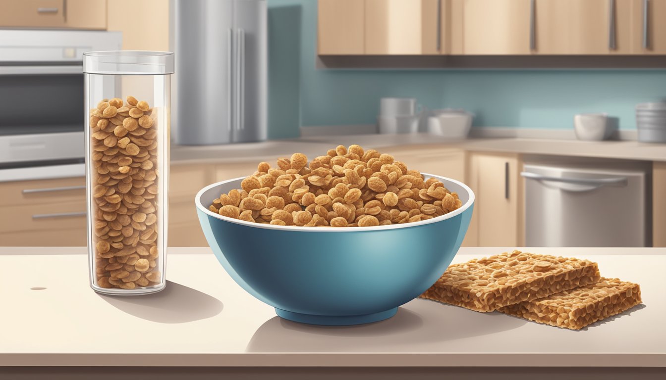 A bowl of sugary cereal next to a pile of granola bars on a kitchen counter