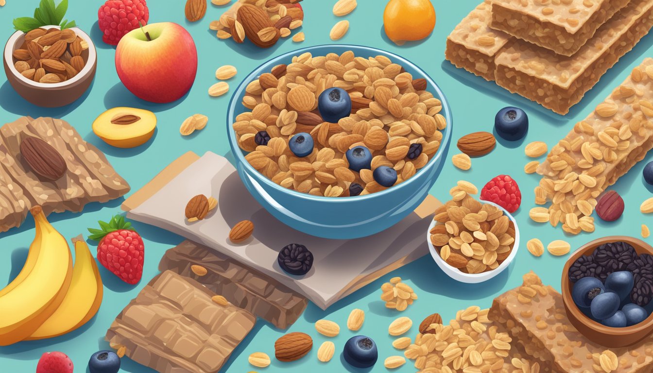 A bowl of sugary cereal next to a pile of granola bars, surrounded by various fruits and nuts