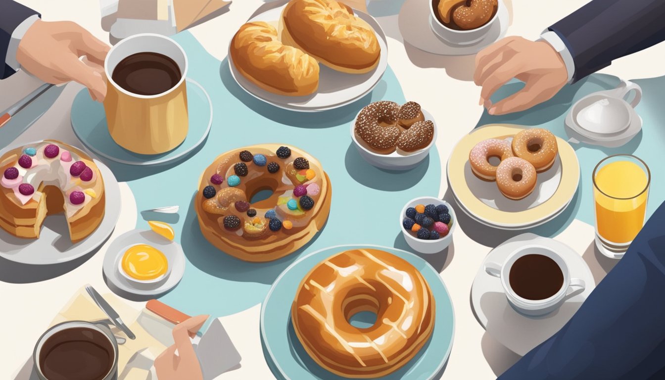 A table with a spread of breakfast pastries and donuts, surrounded by a debate between two people