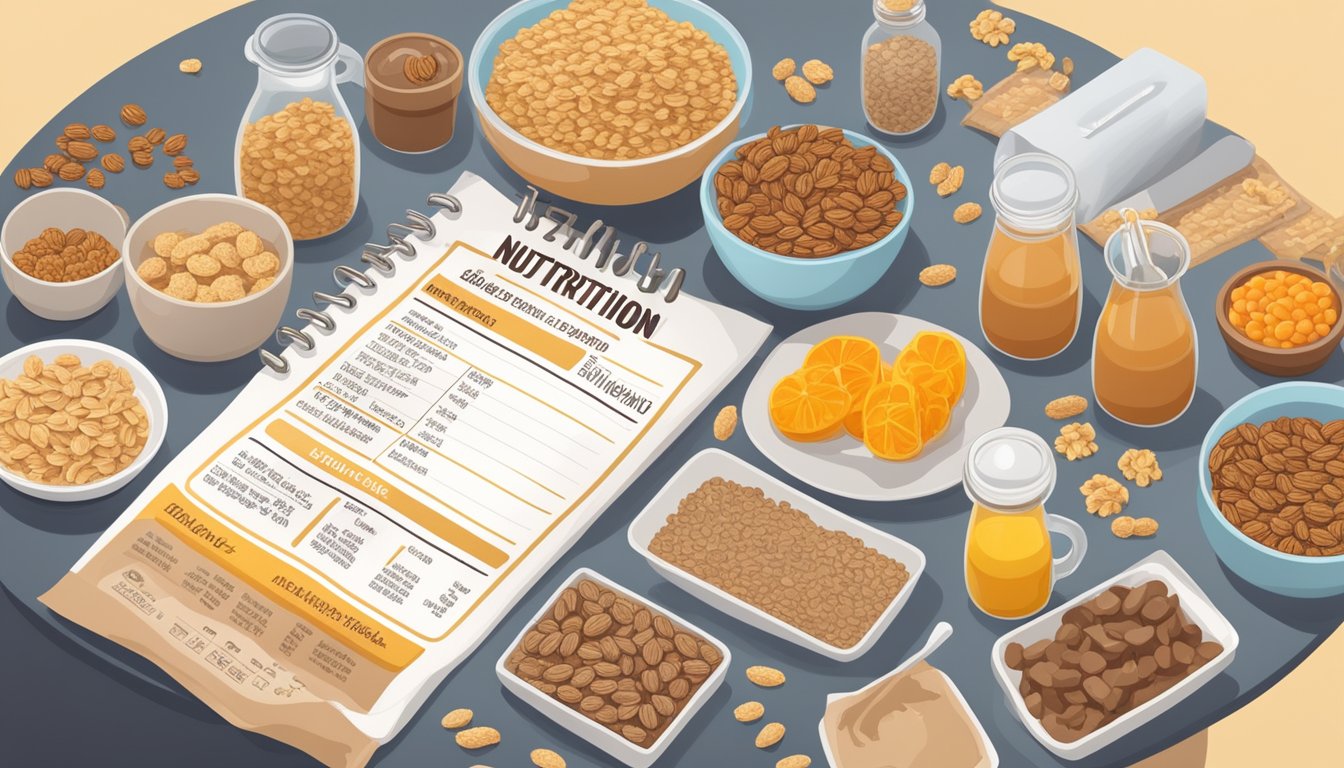 A table with scattered sweetened cereals and granola bars, surrounded by various labeled ingredients and nutrition information