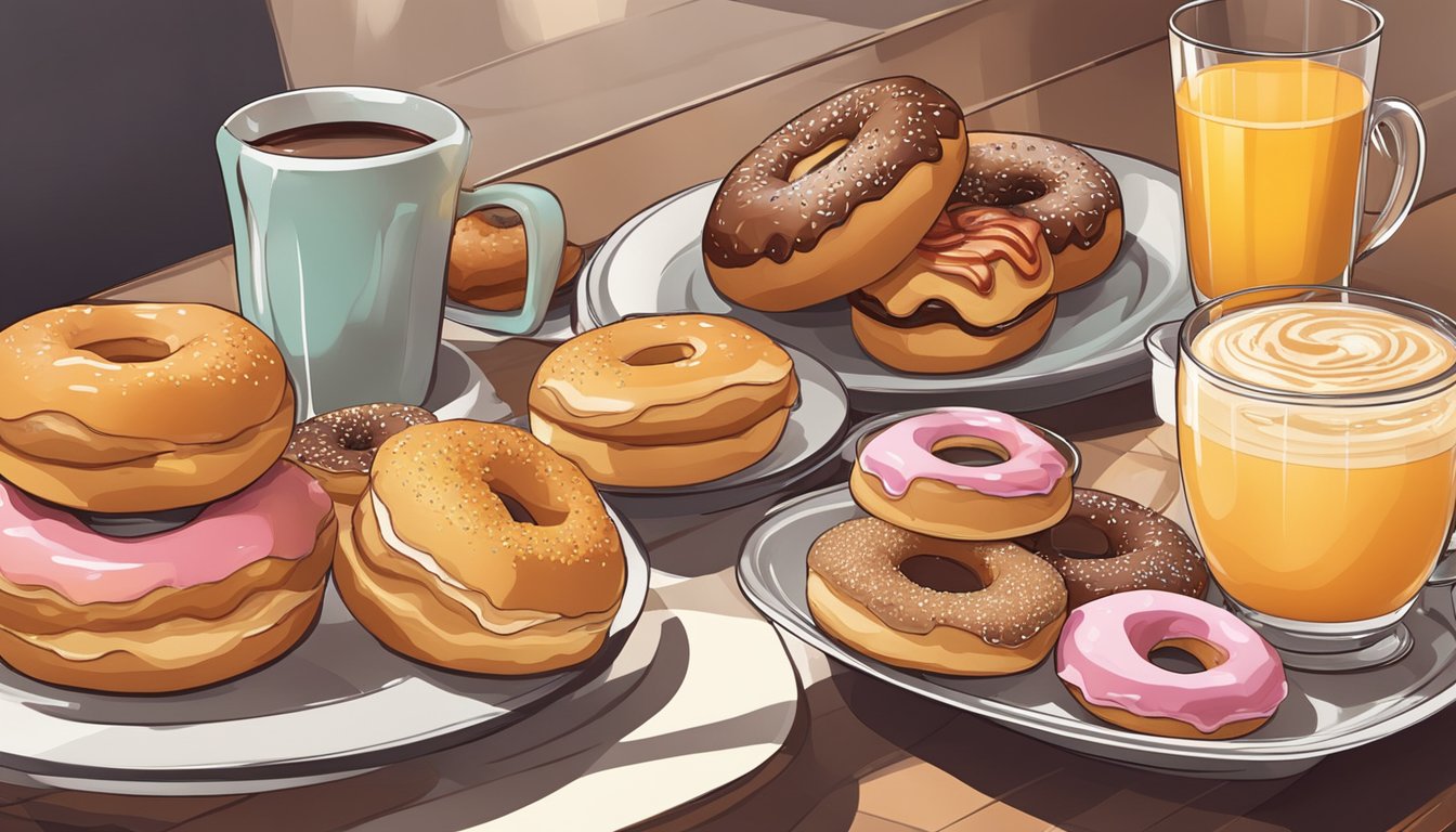 A table with a variety of breakfast pastries and donuts arranged on a platter, with coffee and juice in the background